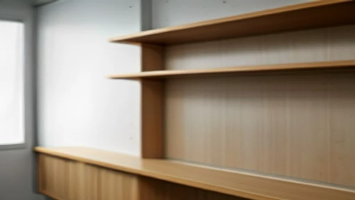 Photograph: medium shot of a bright showroom shelf with packaged products arranged in neat rows
